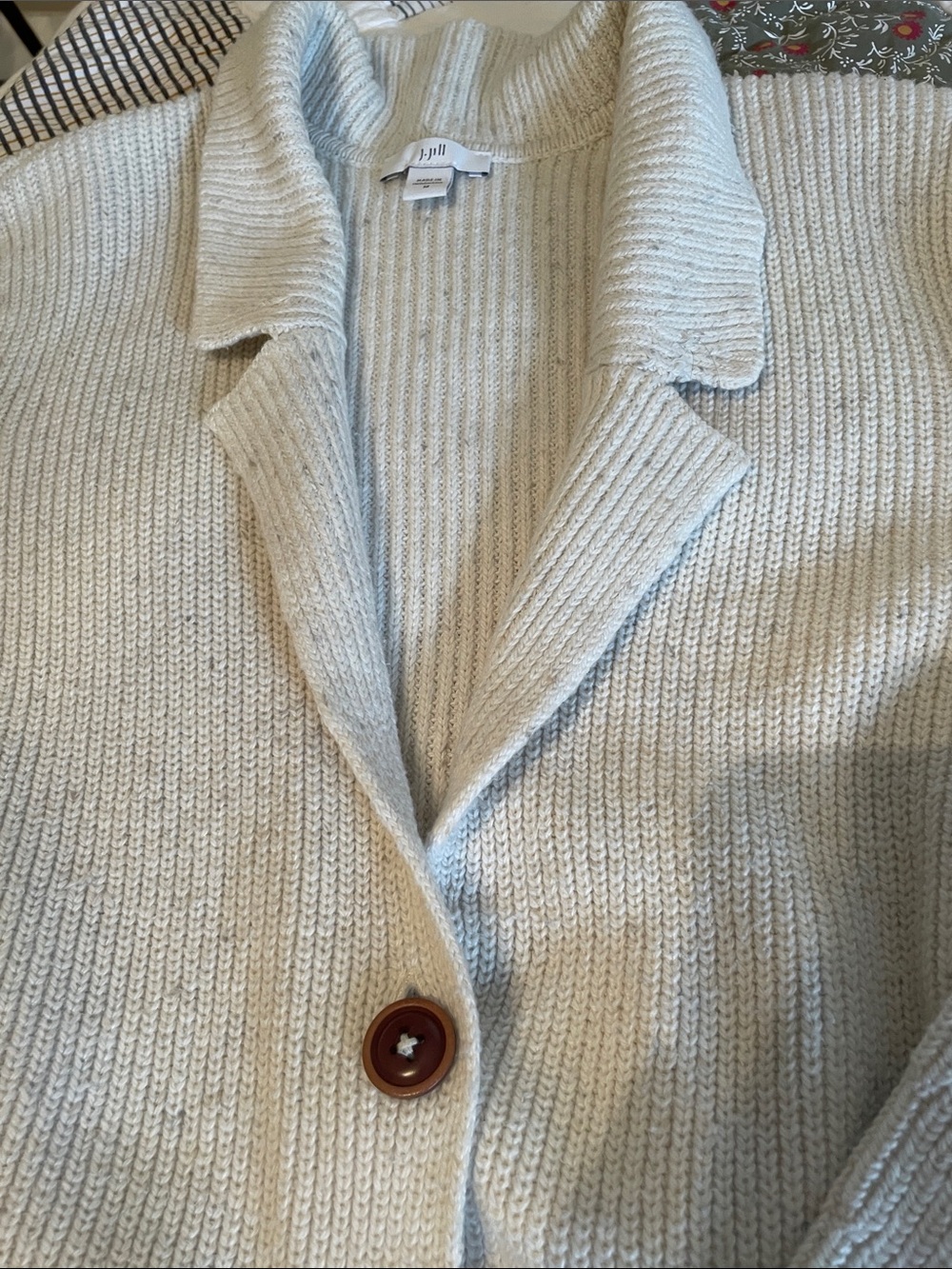 J.Jill heathered cream with brown specks long cardigan with 2 pocket detail